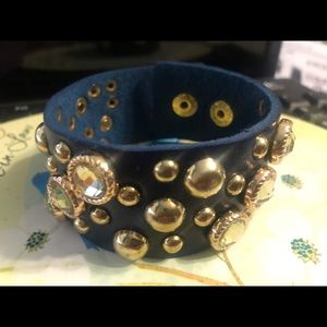 Blue Leather Studded Bracelet w Crystals Yik Fung NWOT
